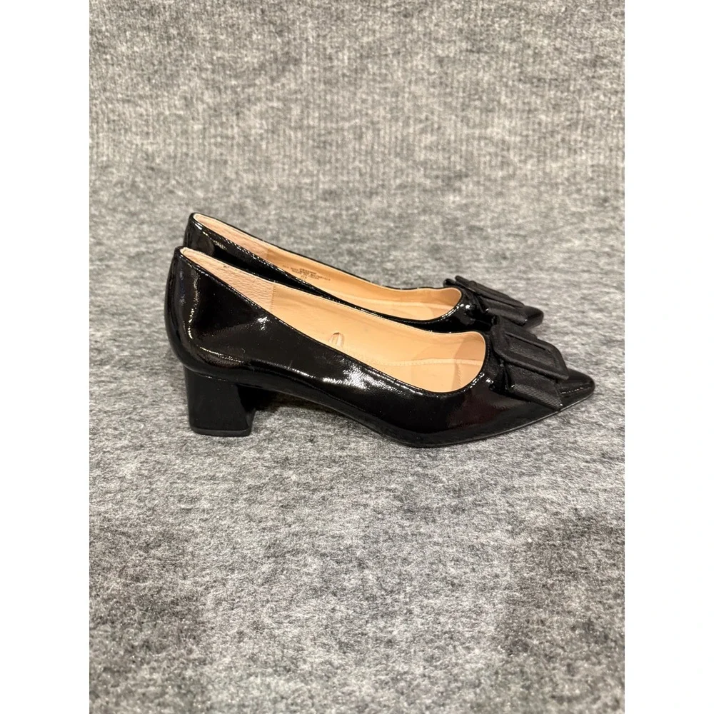 Adrienne Vittadini Sweenor Black Patent Bow Block Heel Pumps Womens 9M